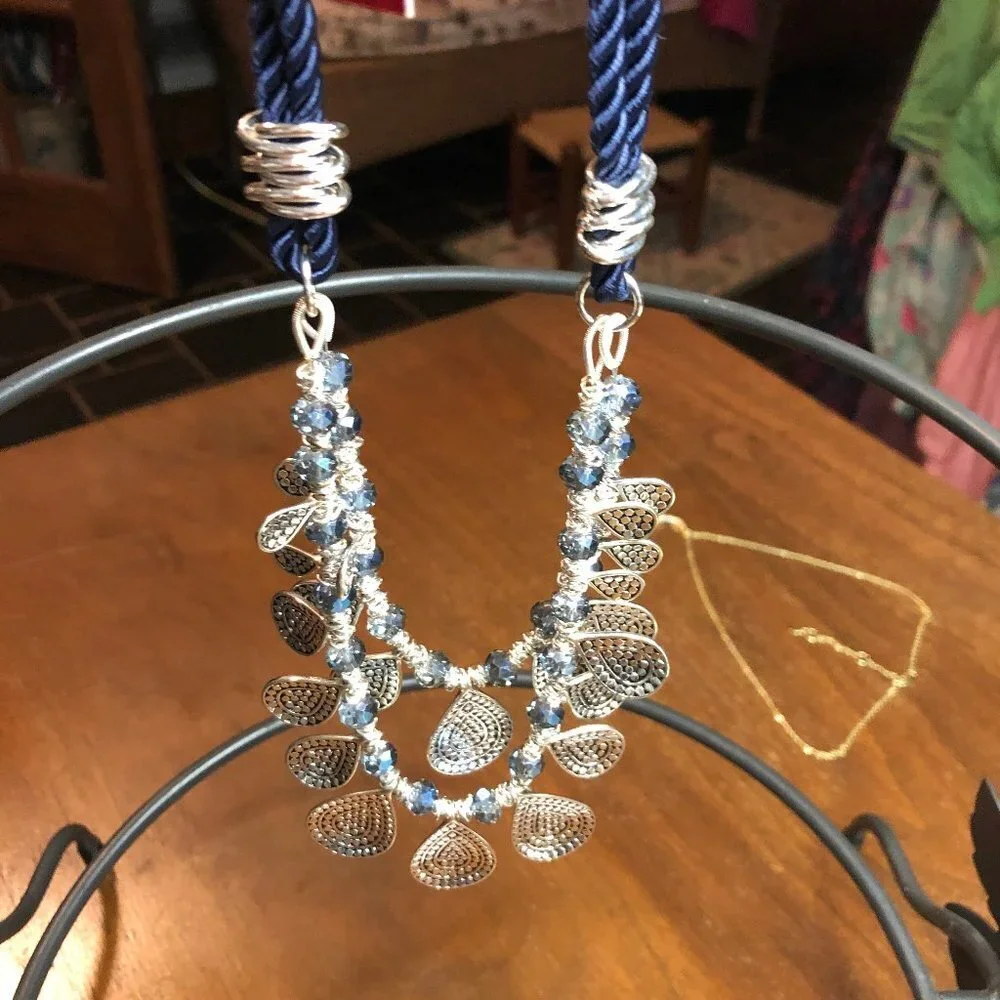 VINEYARD HAVEN Statement 2 Strand Silvertone/Blue Rope Necklace NWT